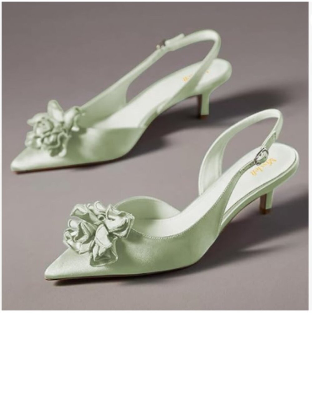 miss left Light Green Flower Pointed Toe Satin Slingback Pumps Slip on Sandals
